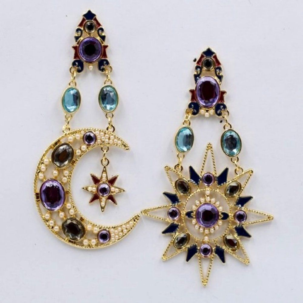 CRYSTAL PEARL CELESTIAL MOON AND SUN STAR DANGLE EARRINGS